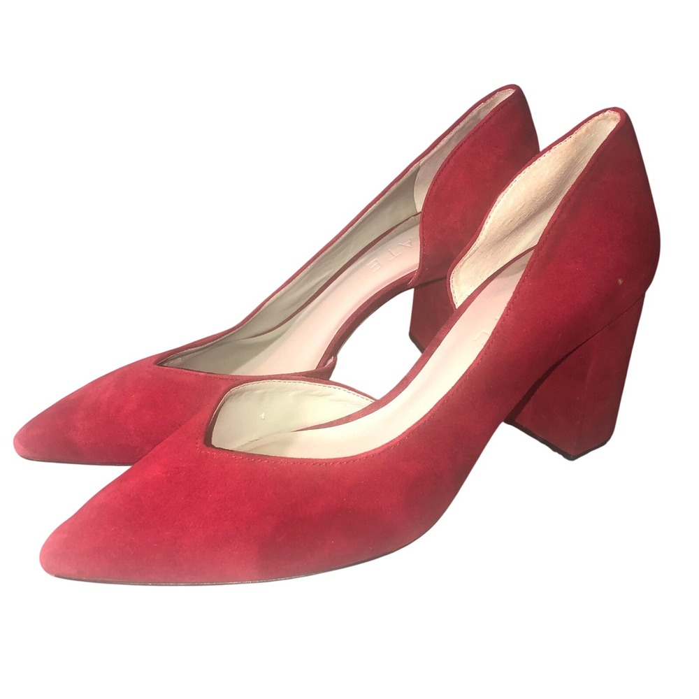 1.STATE Red Suede Pumps Heels Womens Size 9 Pointed Toe D'Orsay Block Heel Shoes